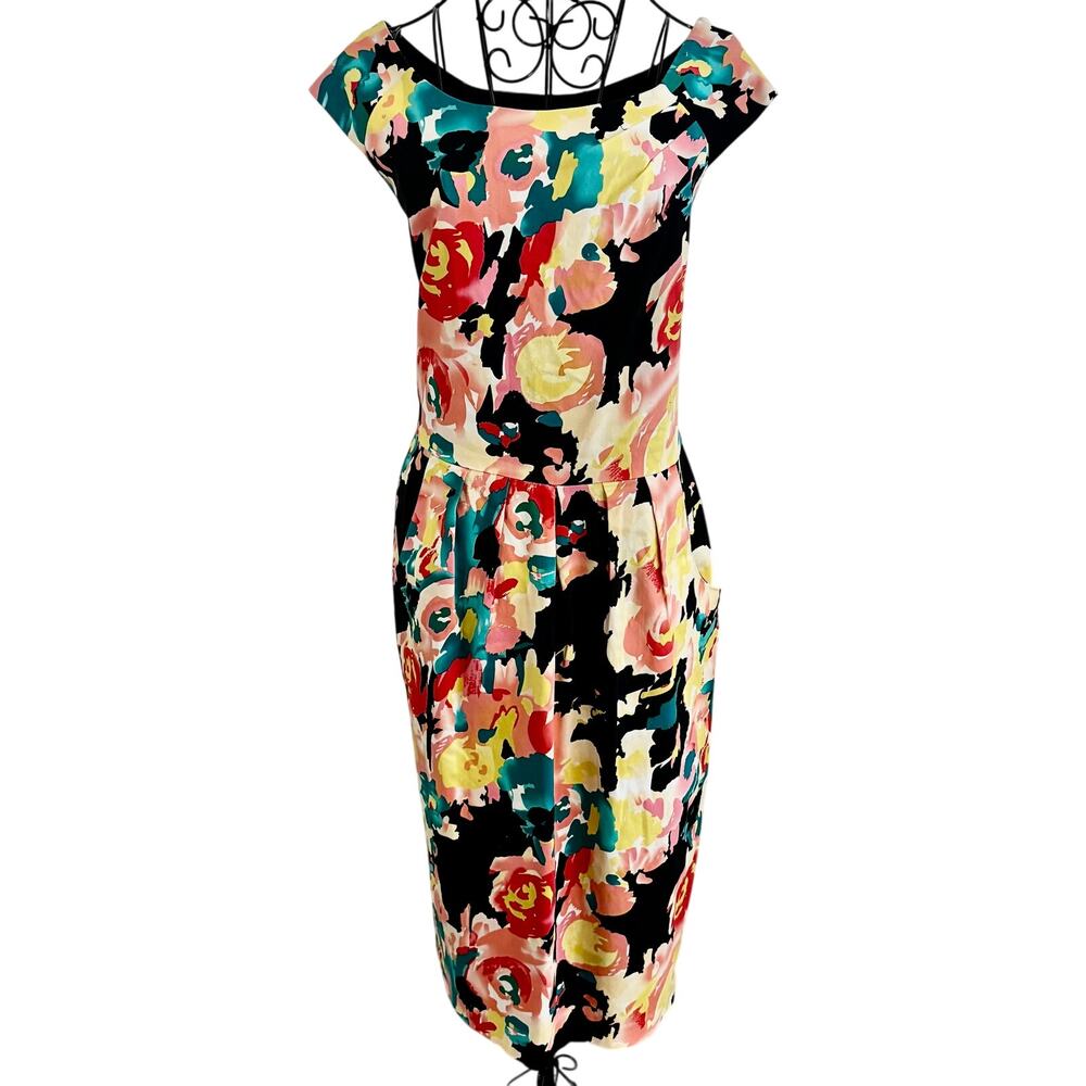 Long Tall Sally Floral Cap Sleeve Midi Sheath Dress Pleated Cotton Coastal 12